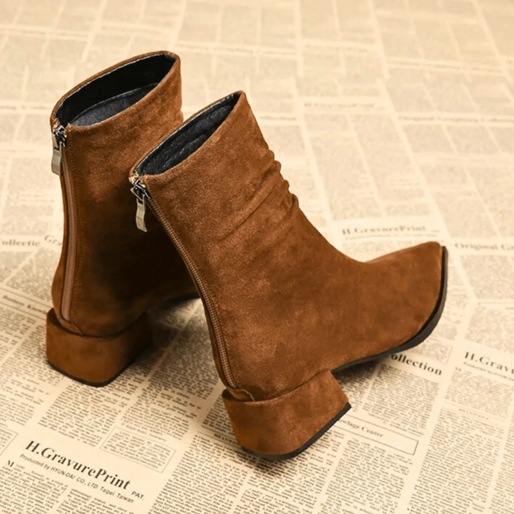Women's suede side zip ankle boots with pointed toe and ruched shaft