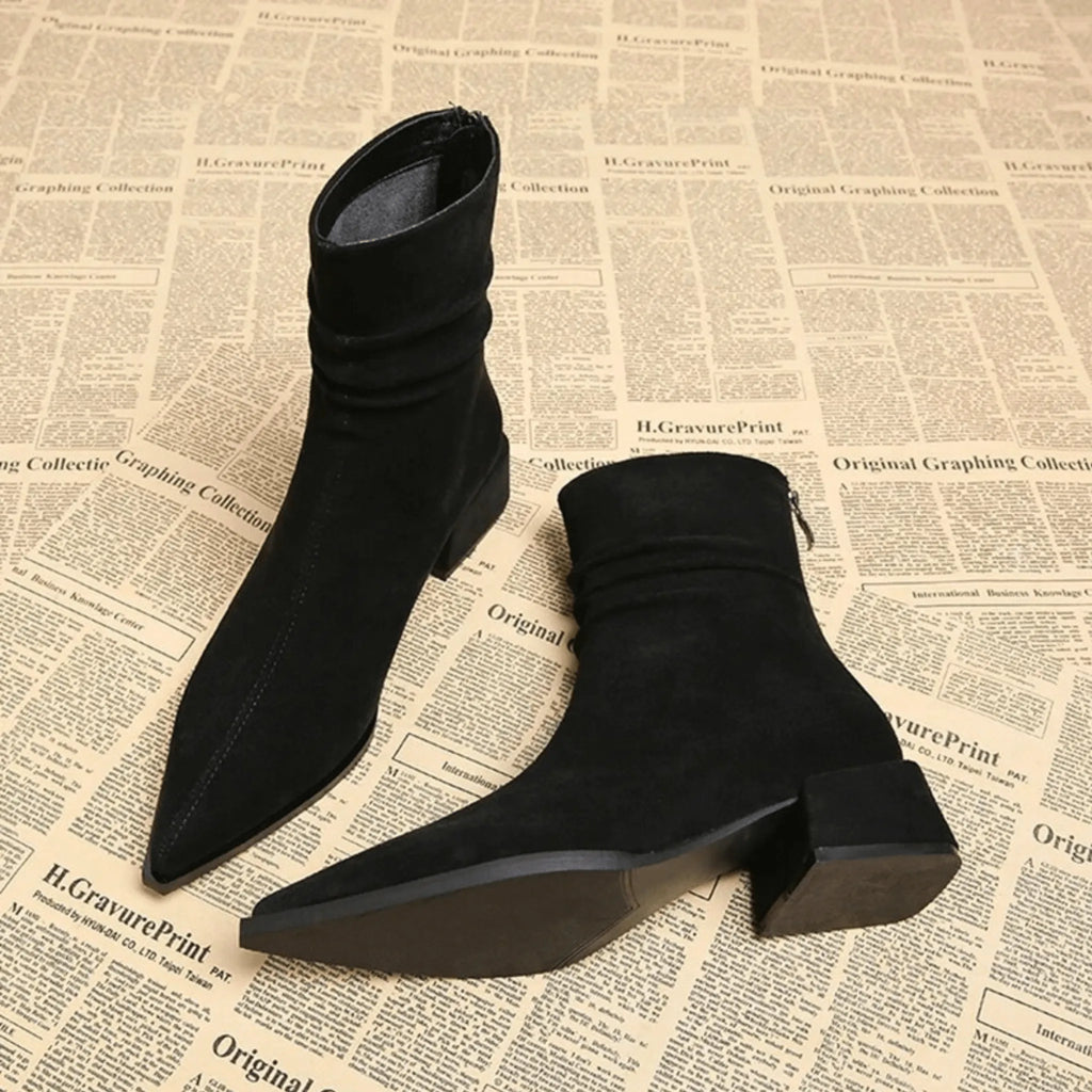 Women's suede side zip ankle boots with pointed toe and ruched shaft