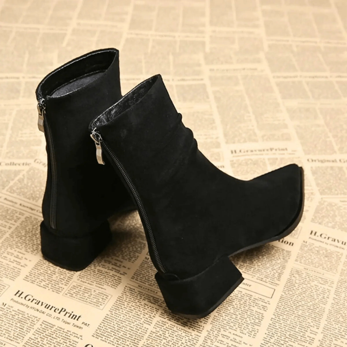 Women's suede side zip ankle boots with pointed toe and ruched shaft