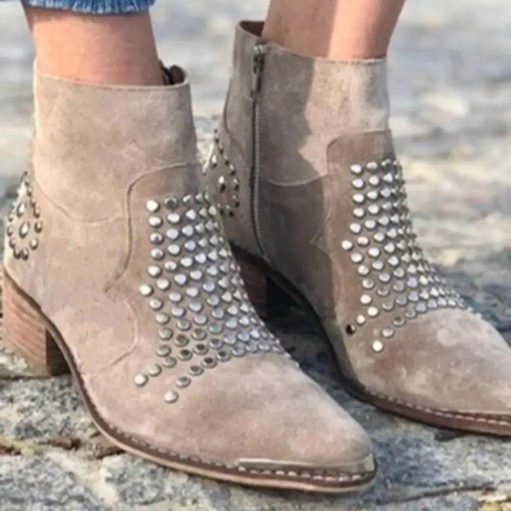 Women's suede side zip ankle boots with studded upper
