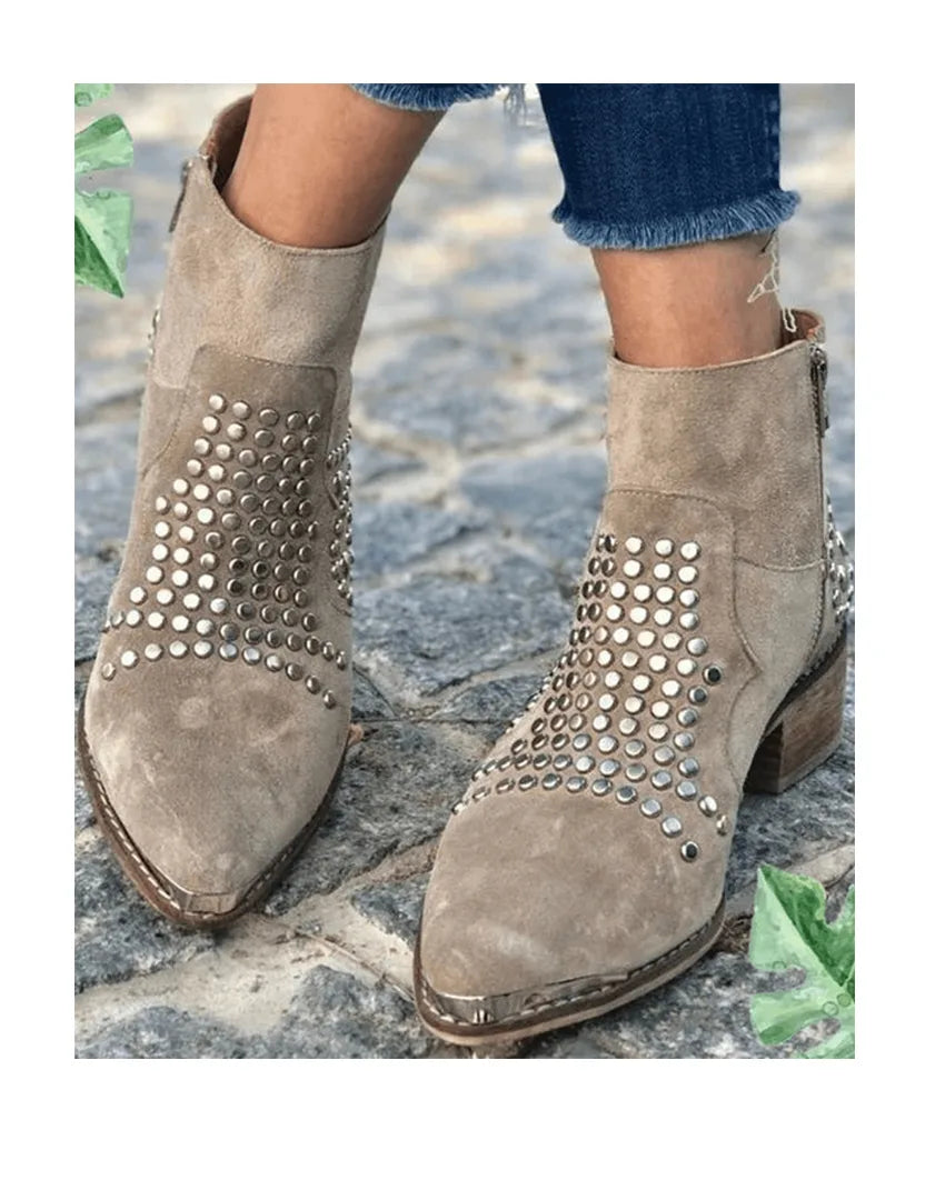 Women's suede side zip ankle boots with studded upper