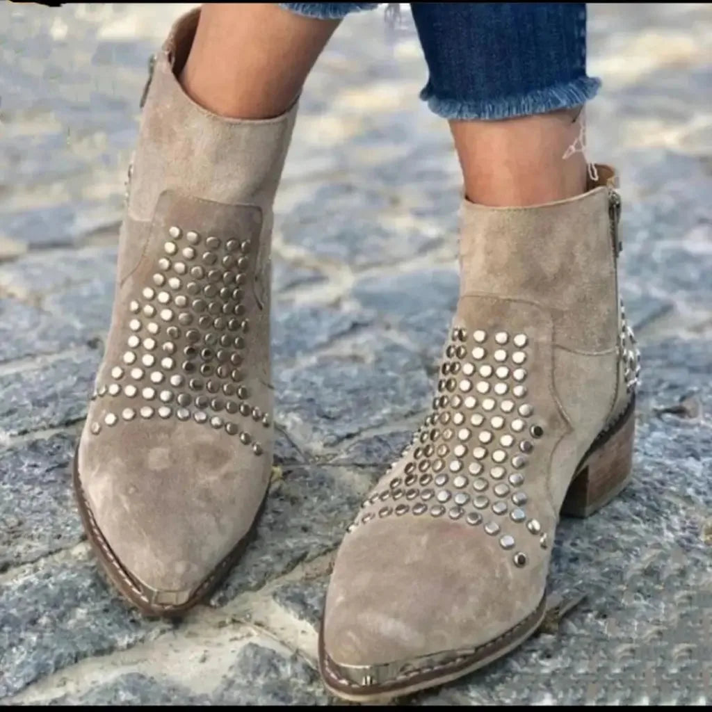 Women's suede side zip ankle boots with studded upper