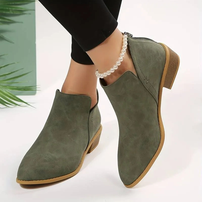 Women's suede side zip ankle boots with v-cut topline