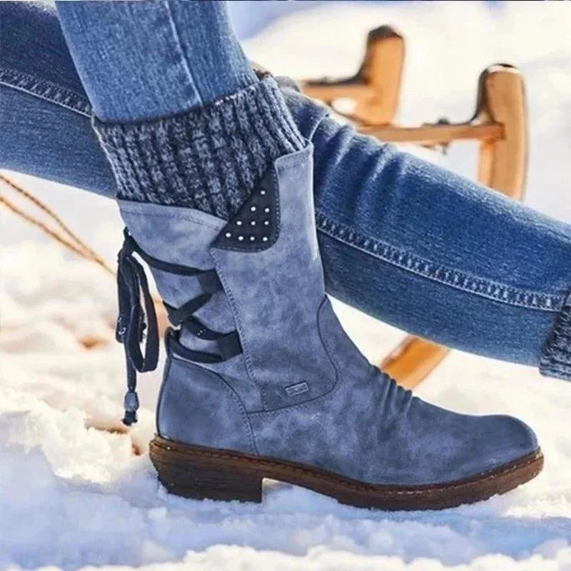 Women's suede side zip heeled boots with lace-up back