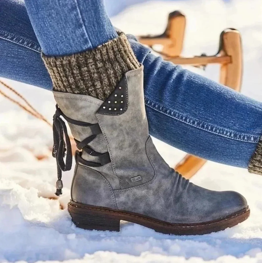 Women's suede side zip heeled boots with lace-up back