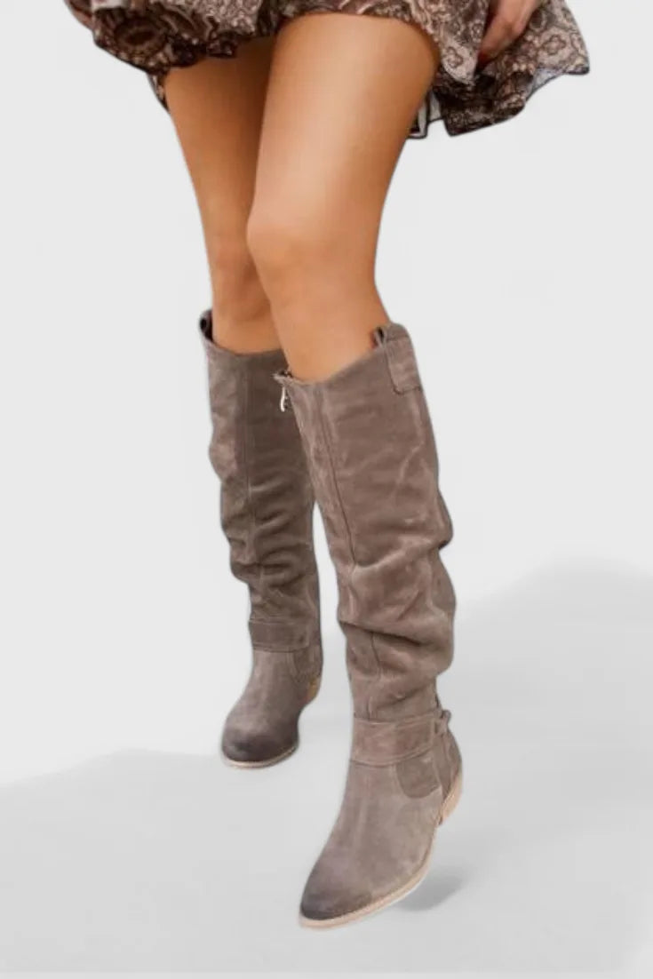Women's suede side zip knee high boots with slouchy shaft and buckle