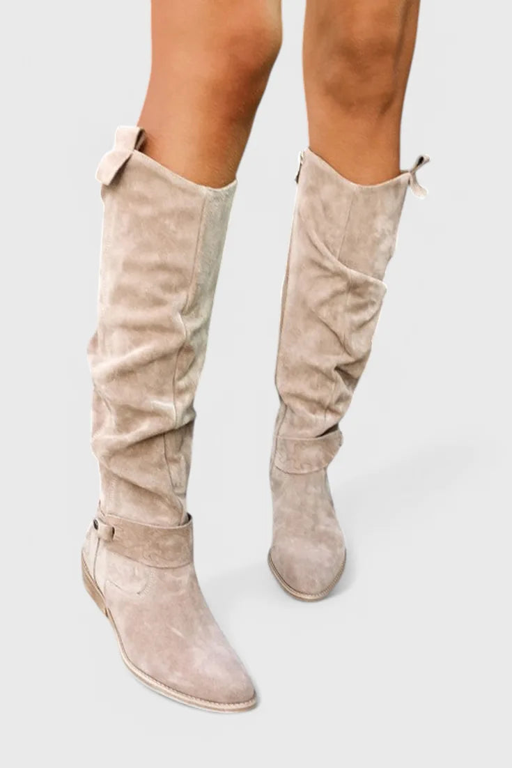 Women's suede side zip knee high boots with slouchy shaft and buckle