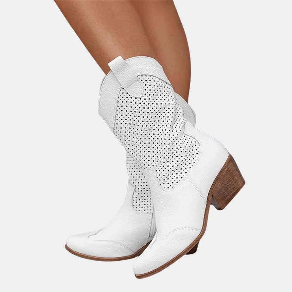Women's suede side zip orthopedic heeled boots with perforated shaft