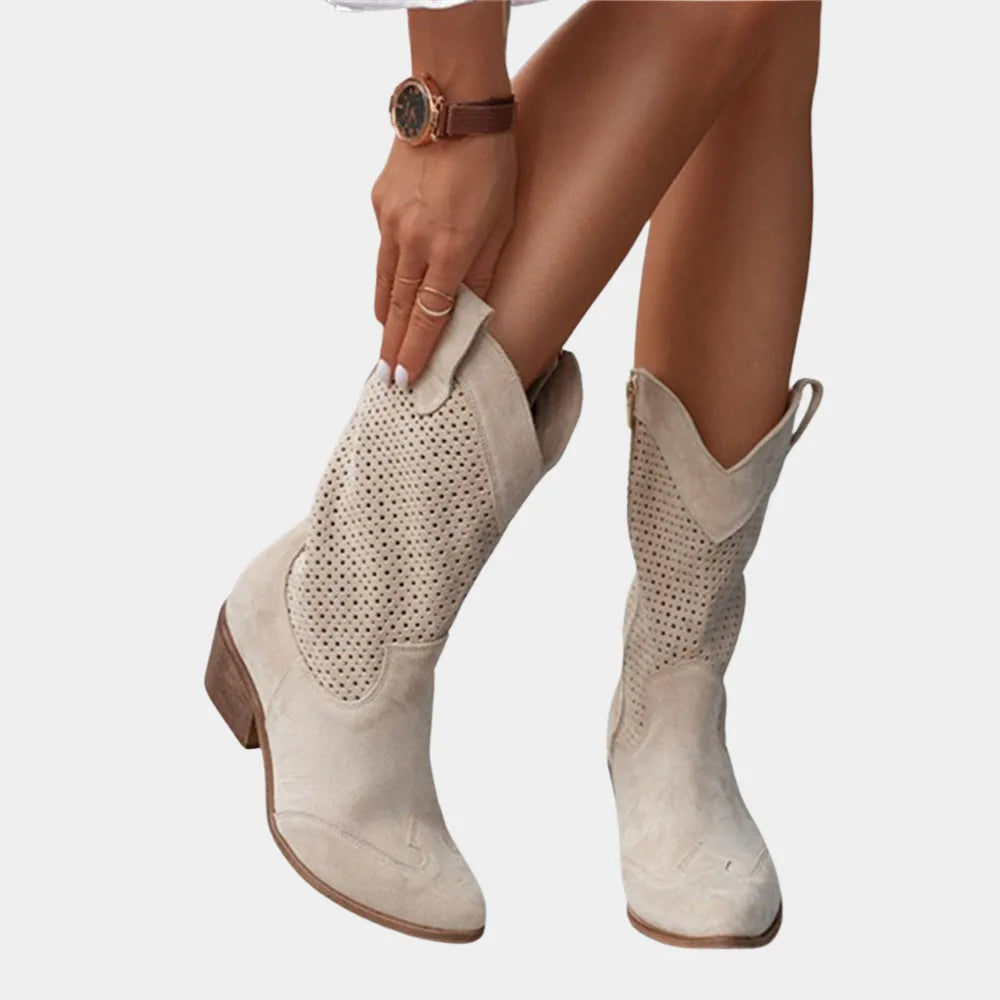 Women's suede side zip orthopedic heeled boots with perforated shaft