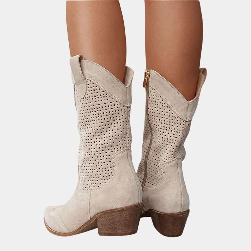 Women's suede side zip orthopedic heeled boots with perforated shaft
