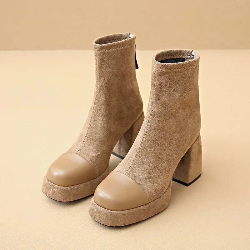 Women's suede zip-up ankle boots with square toe