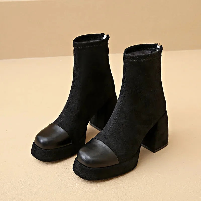 Women's suede zip-up ankle boots with square toe