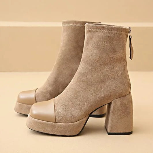 Women's suede zip-up ankle boots with square toe