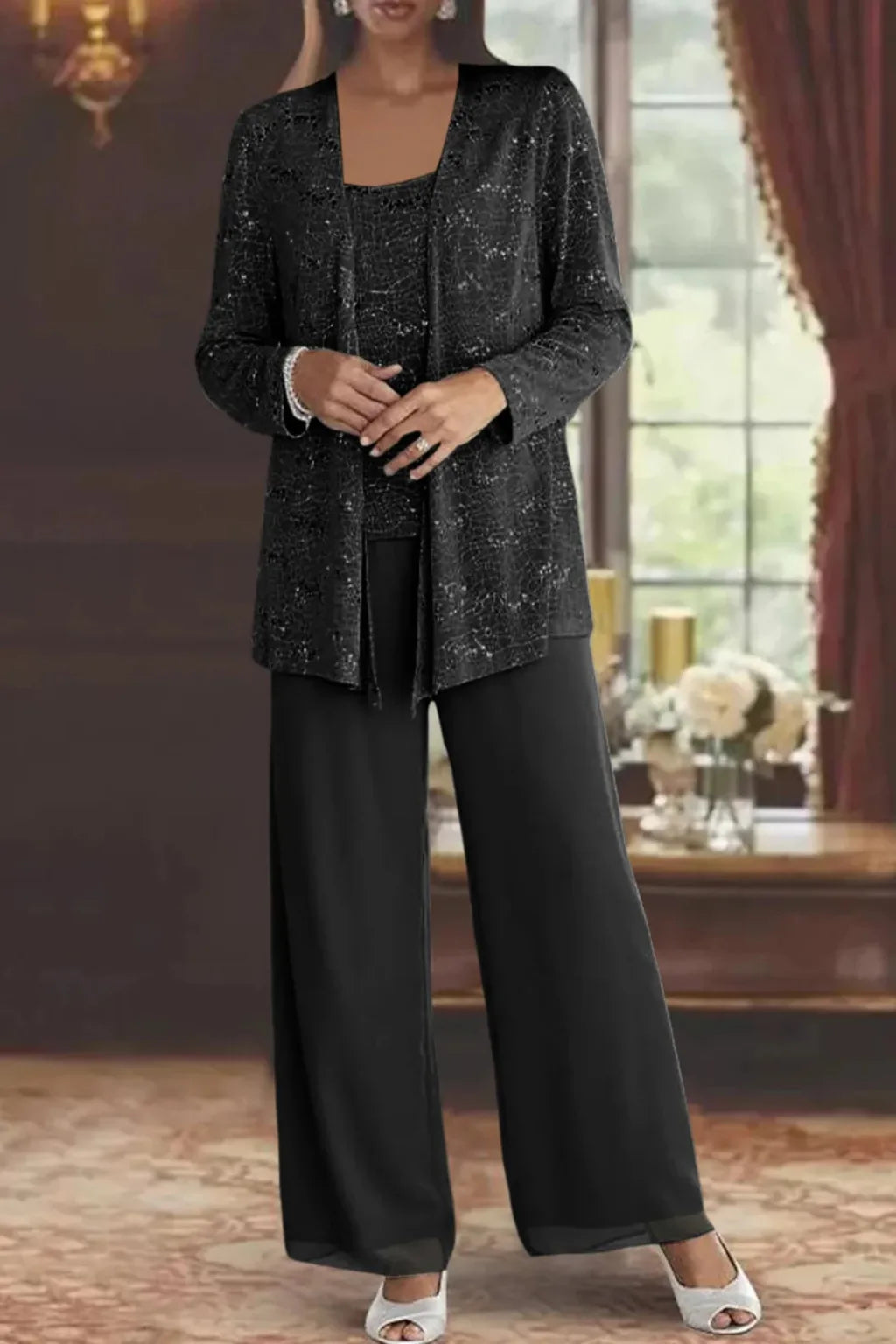 Women's Three Piece Wide Leg Pant Set with Jacket