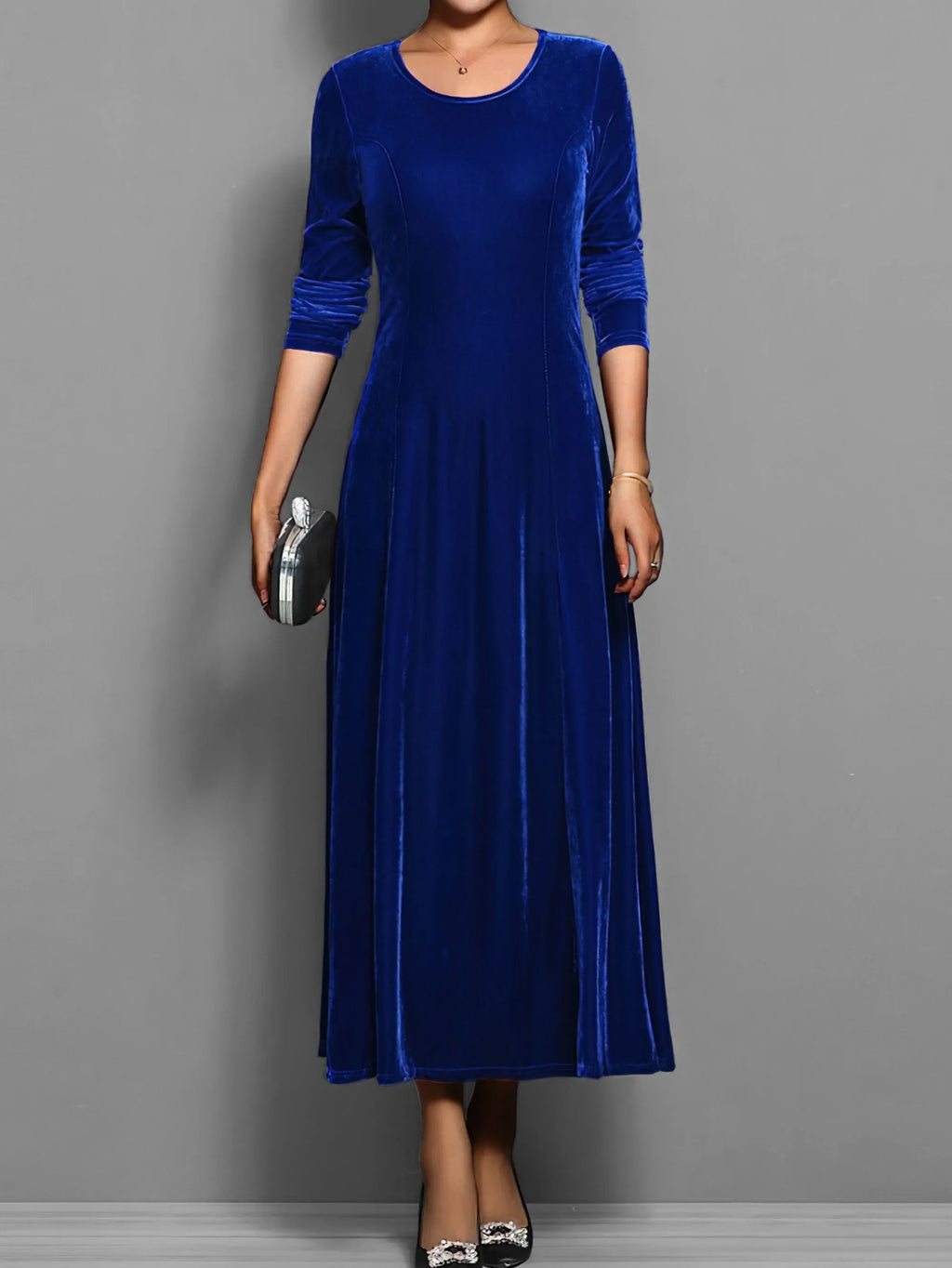 Women's velvet crew neck midi dress with fitted bodice flared skirt