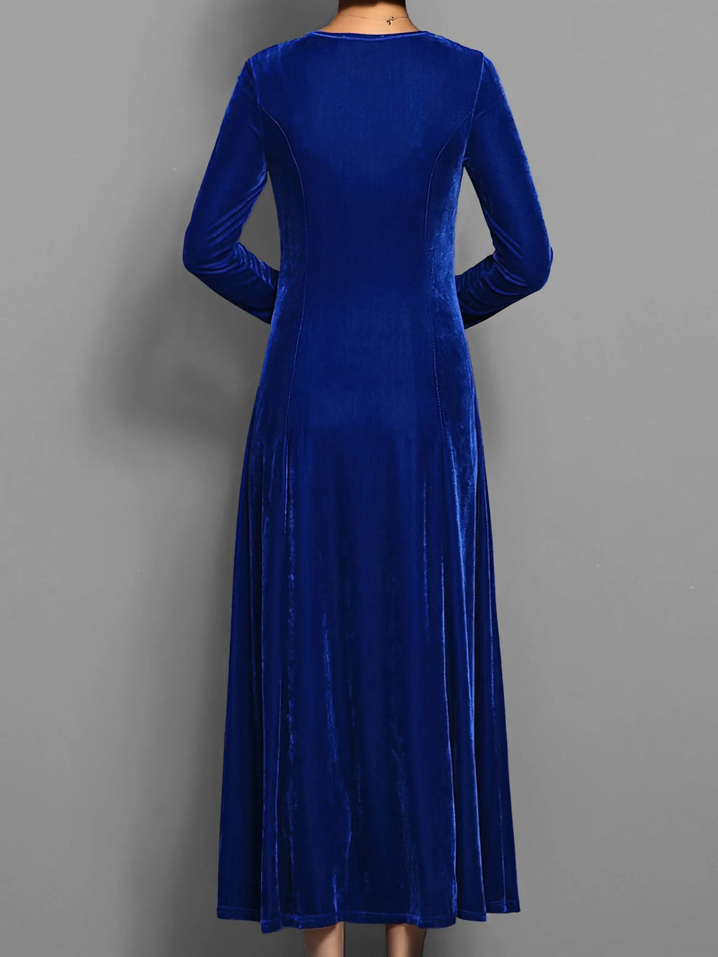 Women's velvet crew neck midi dress with fitted bodice flared skirt