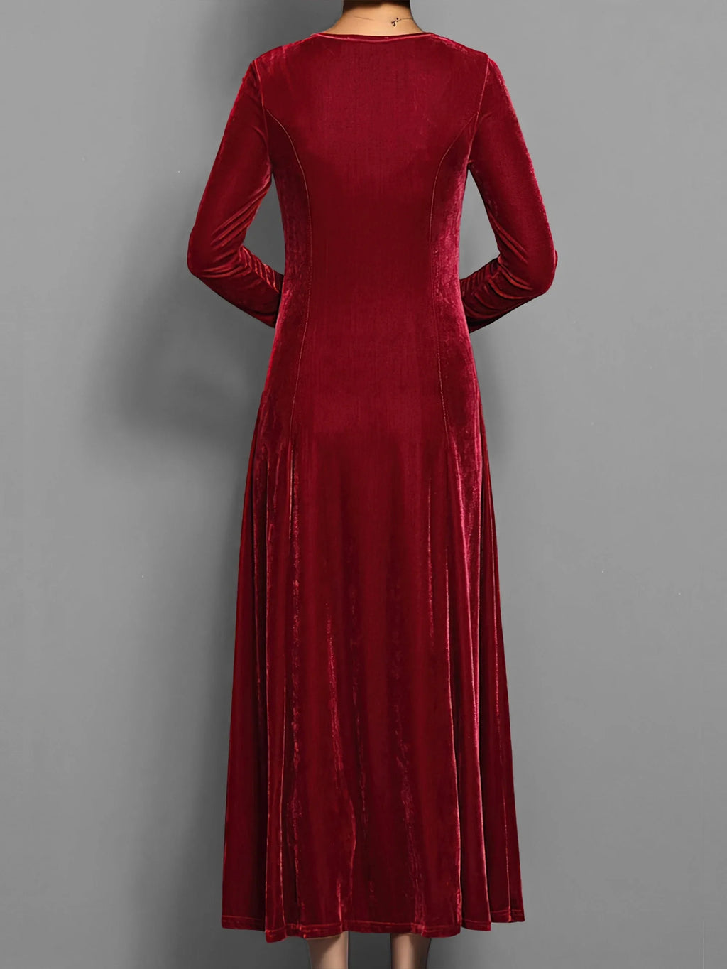 Women's velvet crew neck midi dress with fitted bodice flared skirt