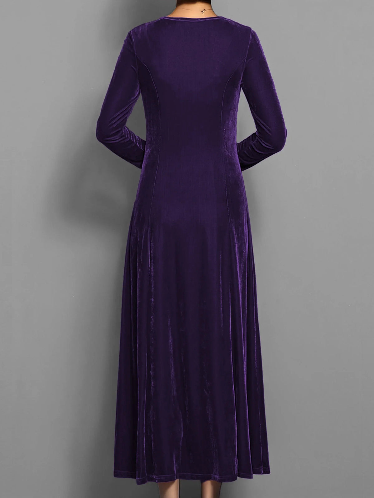 Women's velvet crew neck midi dress with fitted bodice flared skirt