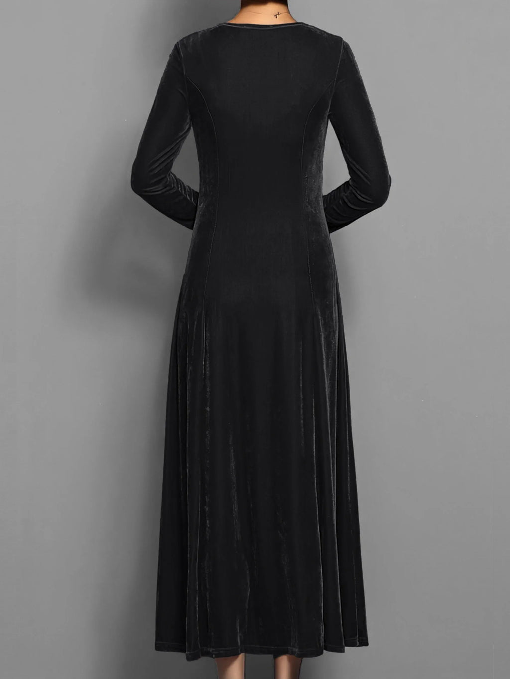 Women's velvet crew neck midi dress with fitted bodice flared skirt