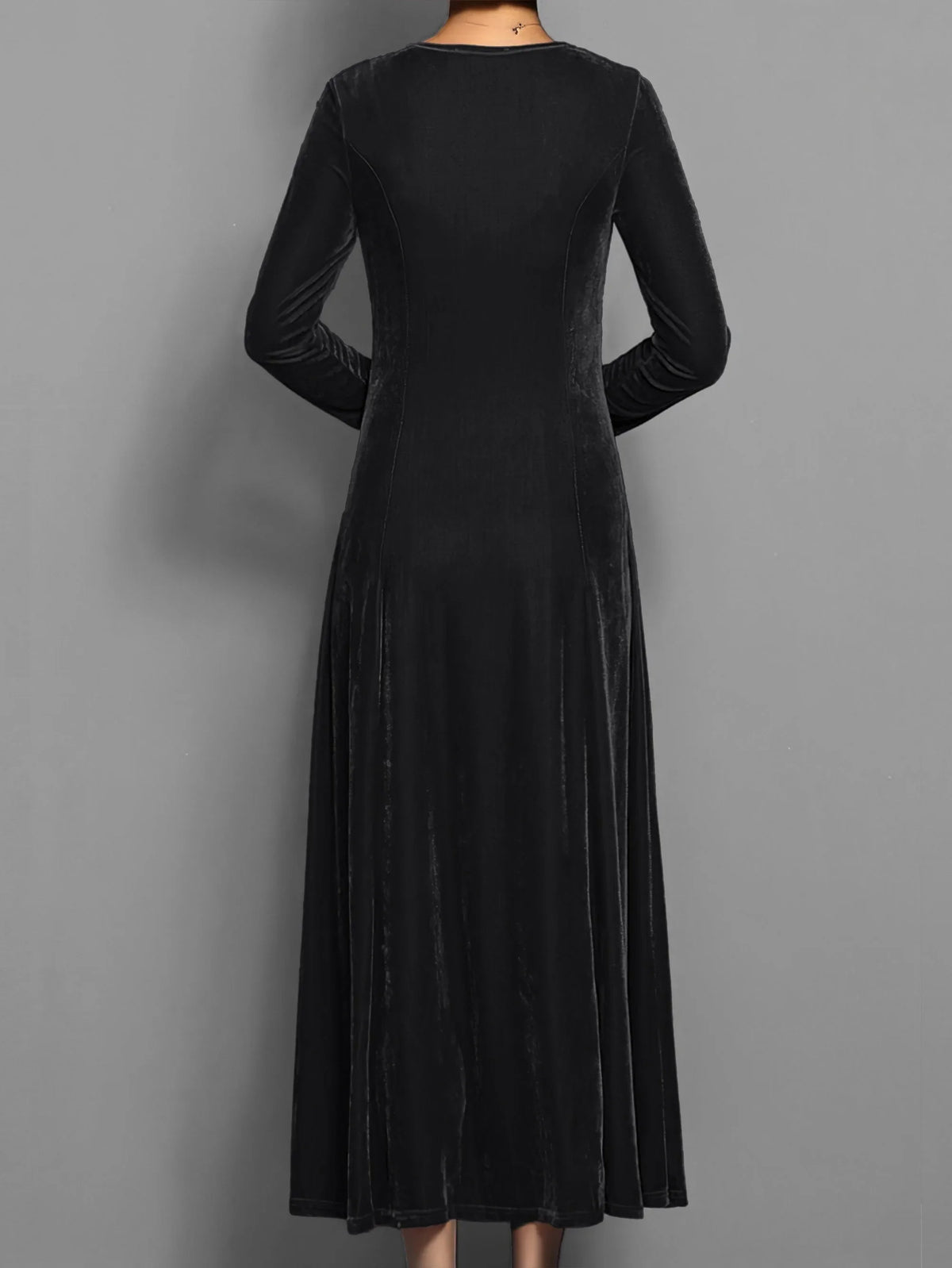 Women's velvet crew neck midi dress with fitted bodice flared skirt