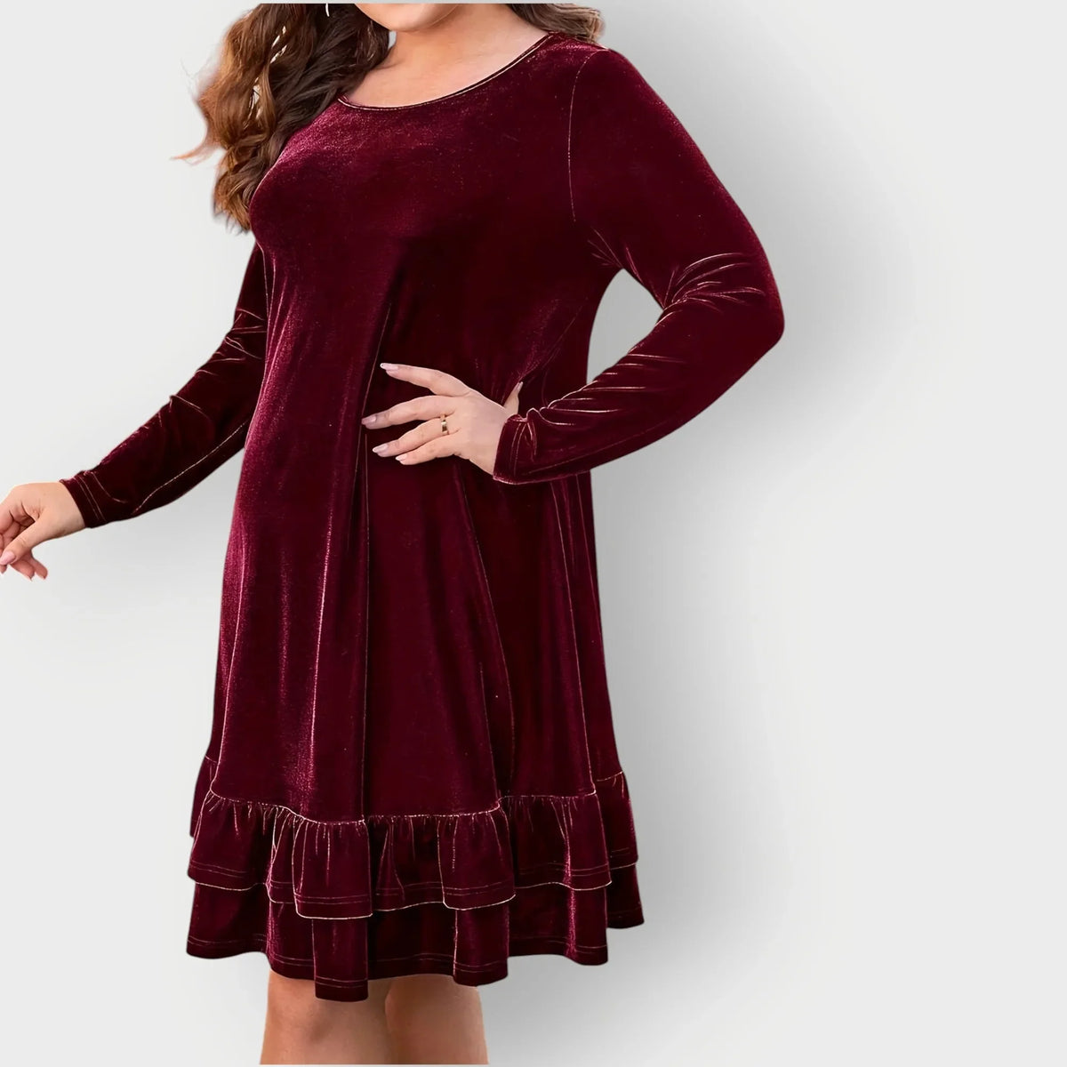 Women's velvet crew neck mini dress with ruffled hem