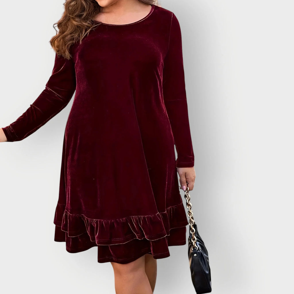 Women's velvet crew neck mini dress with ruffled hem