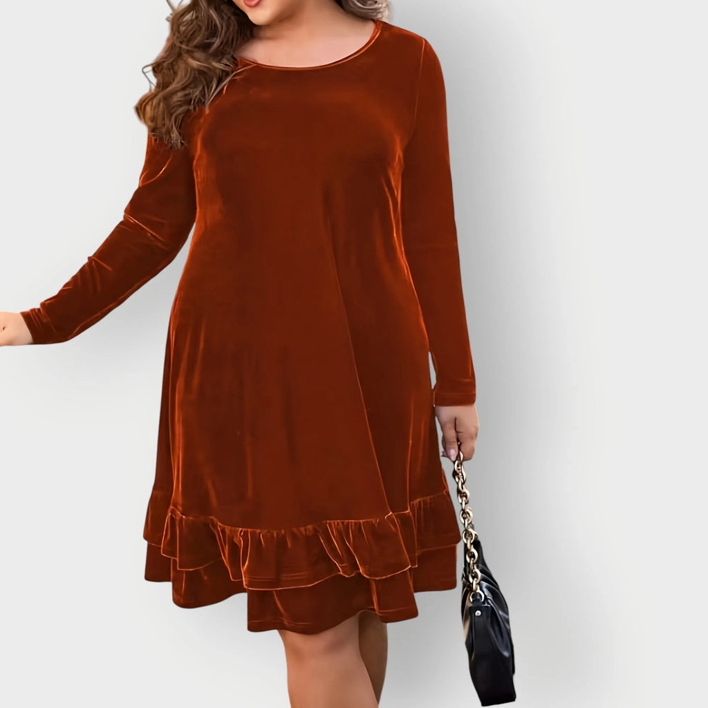 Women's velvet crew neck mini dress with ruffled hem