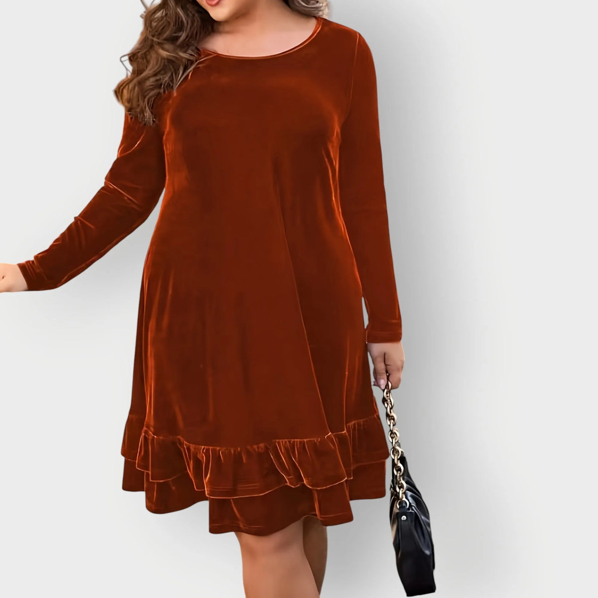 Women's velvet crew neck mini dress with ruffled hem