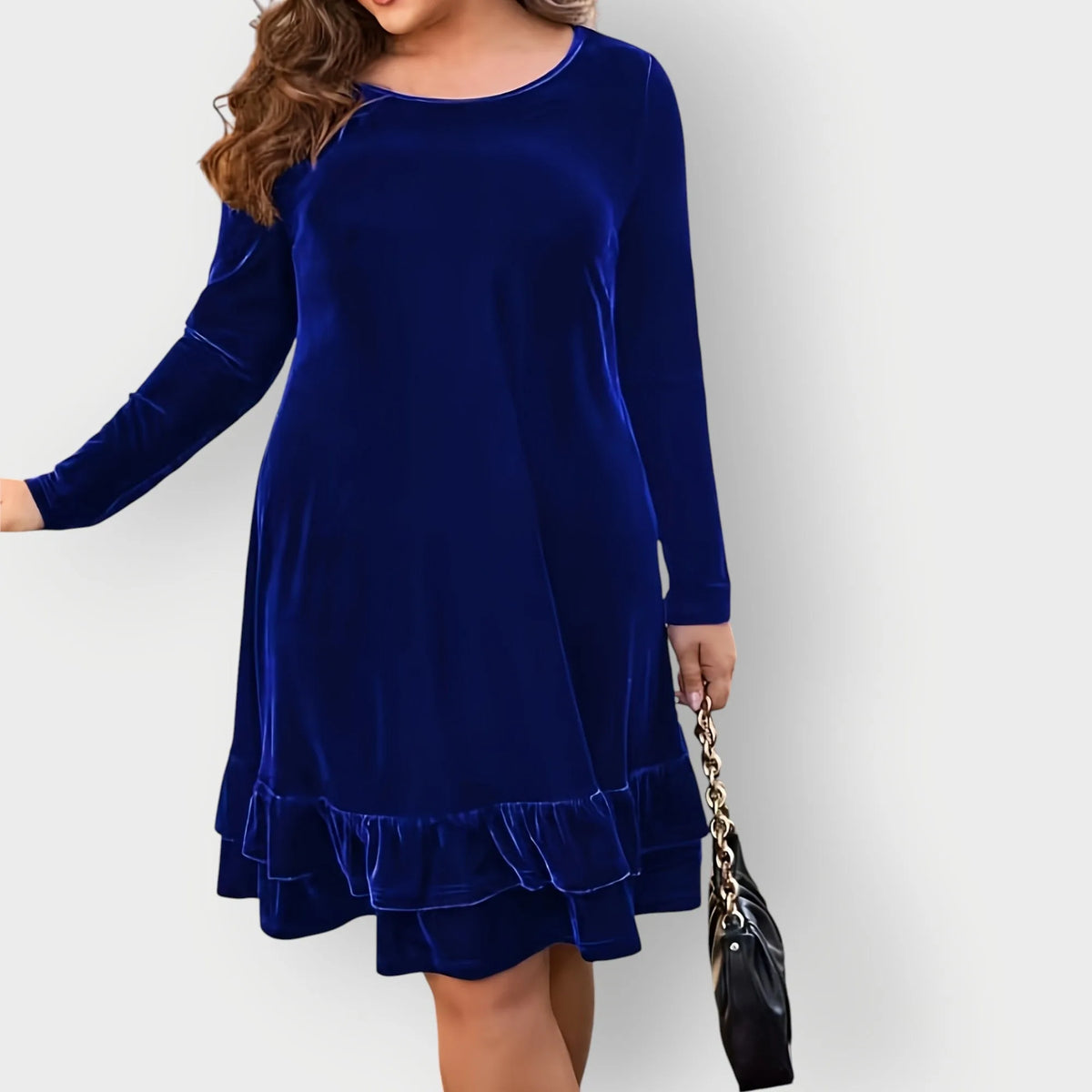Women's velvet crew neck mini dress with ruffled hem