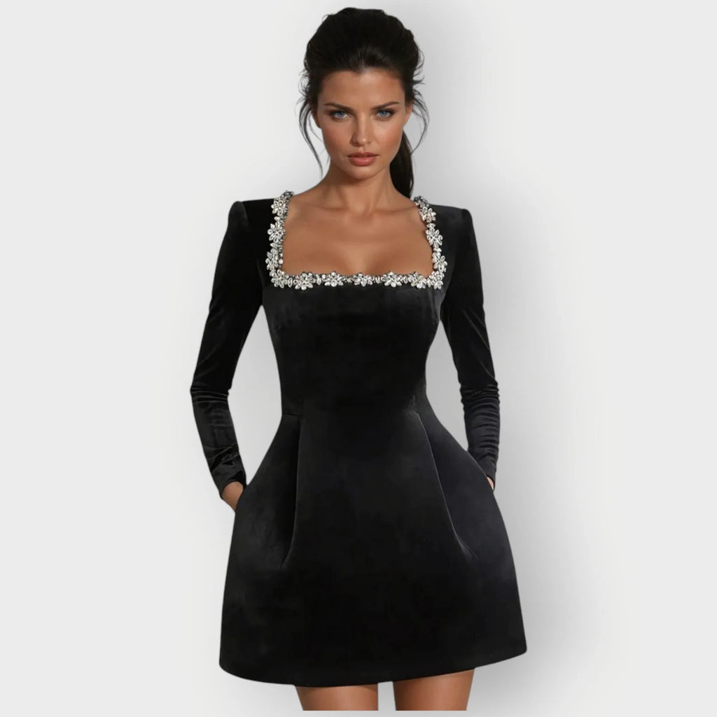 Women's velvet mini dress with embellished square neckline