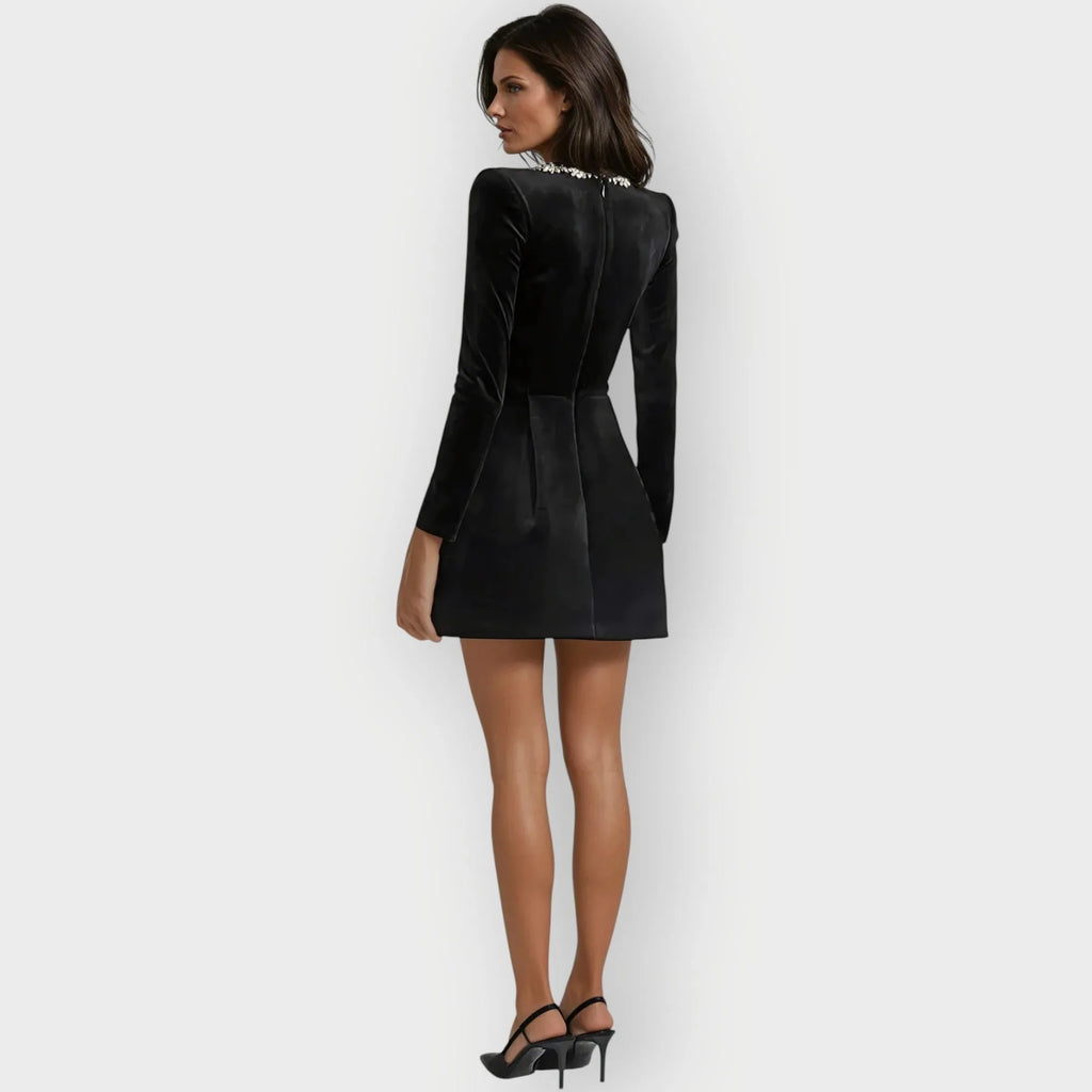 Women's velvet mini dress with embellished square neckline