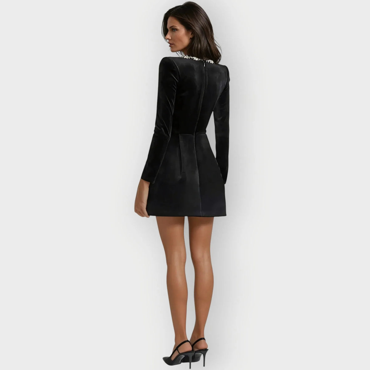 Women's velvet mini dress with embellished square neckline