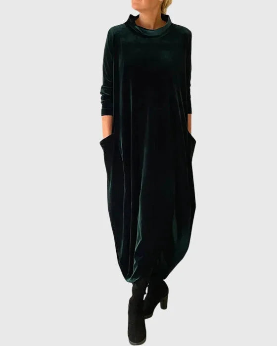 Women's velvet stand collar midi dress with side pockets