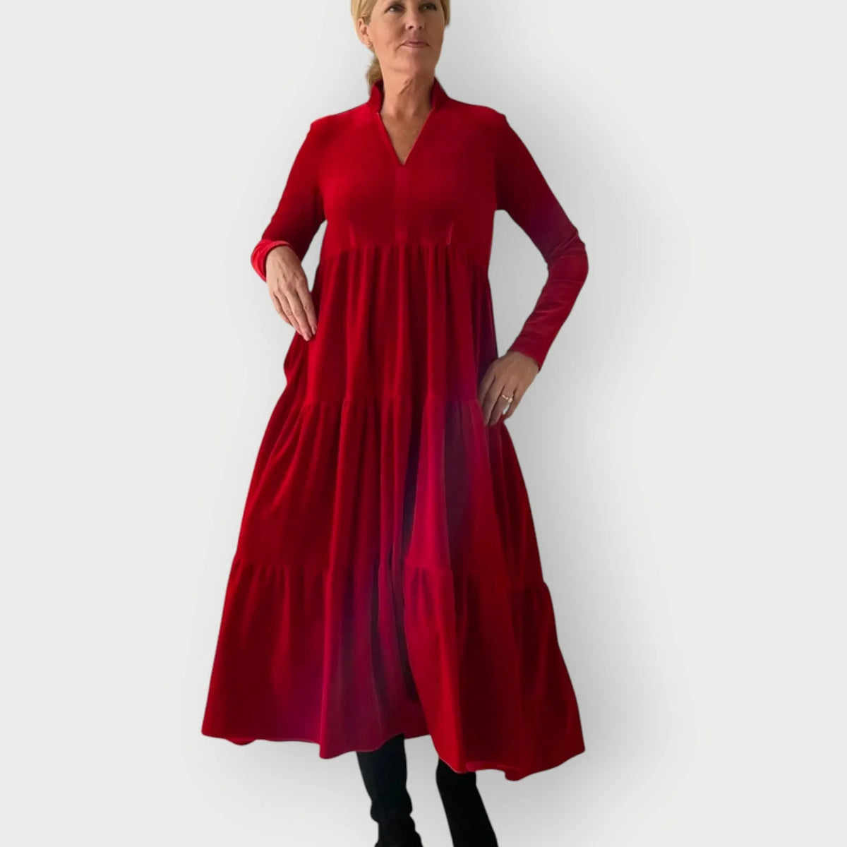 Women's velvet v-neck maxi dress with tiered skirt