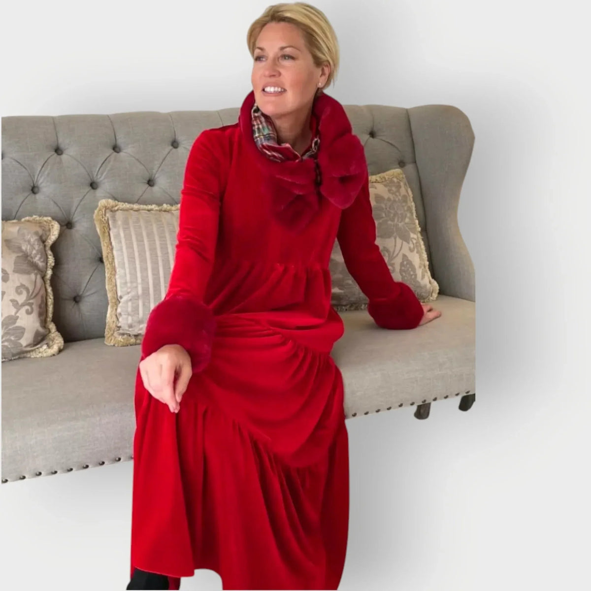 Women's velvet v-neck maxi dress with tiered skirt