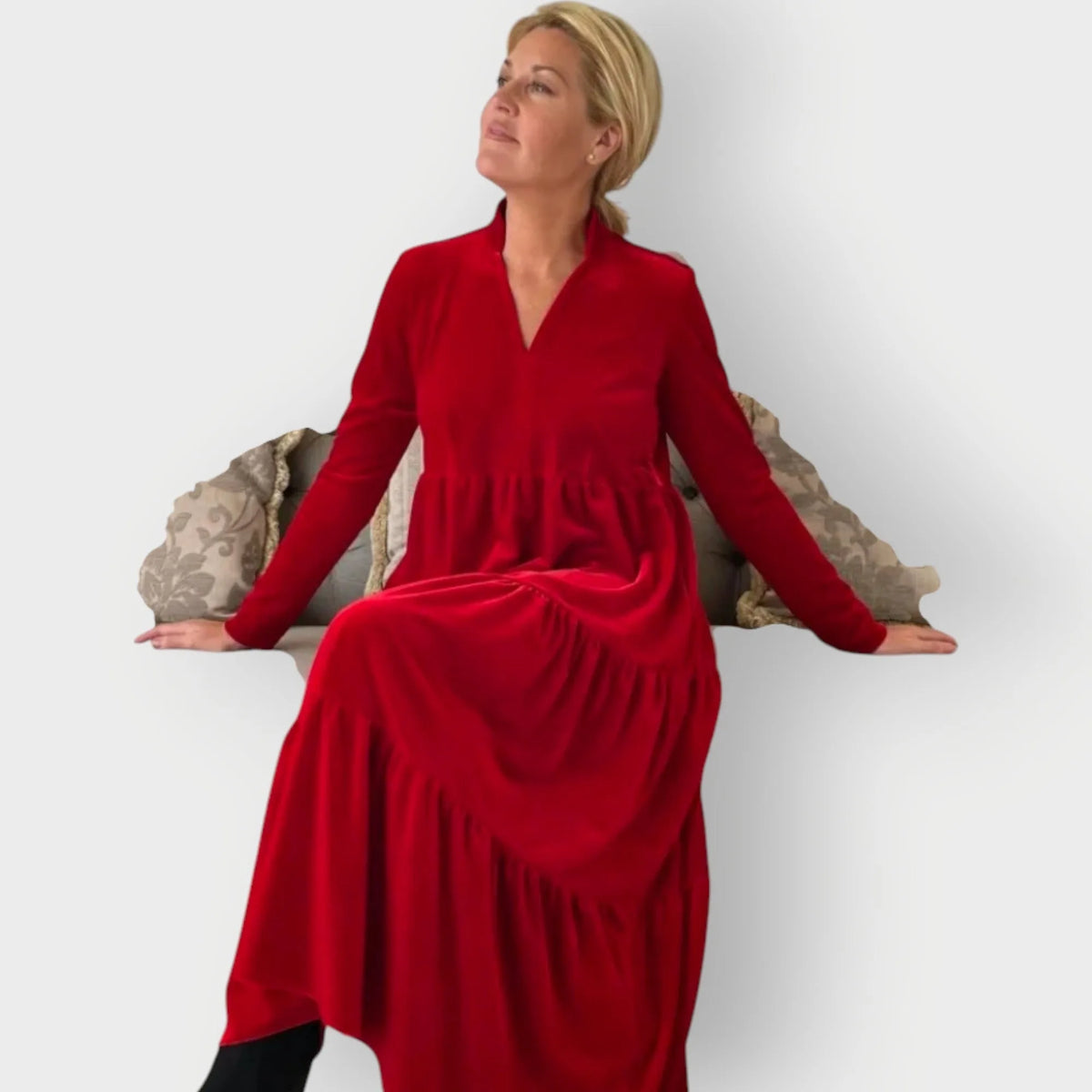 Women's velvet v-neck maxi dress with tiered skirt