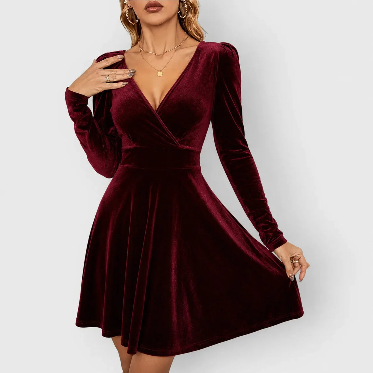Women's velvet wrap v-neck mini dress with puff sleeves