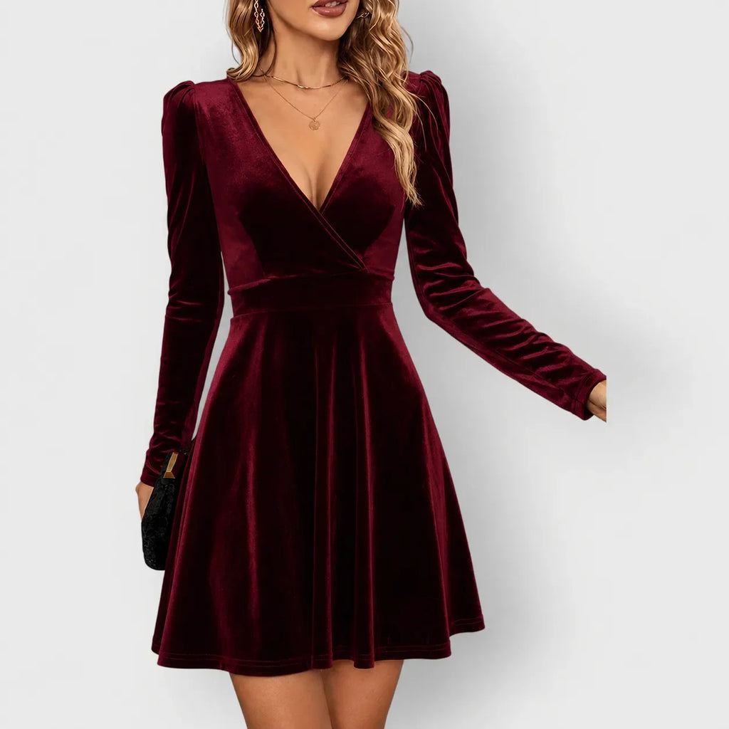 Women's velvet wrap v-neck mini dress with puff sleeves