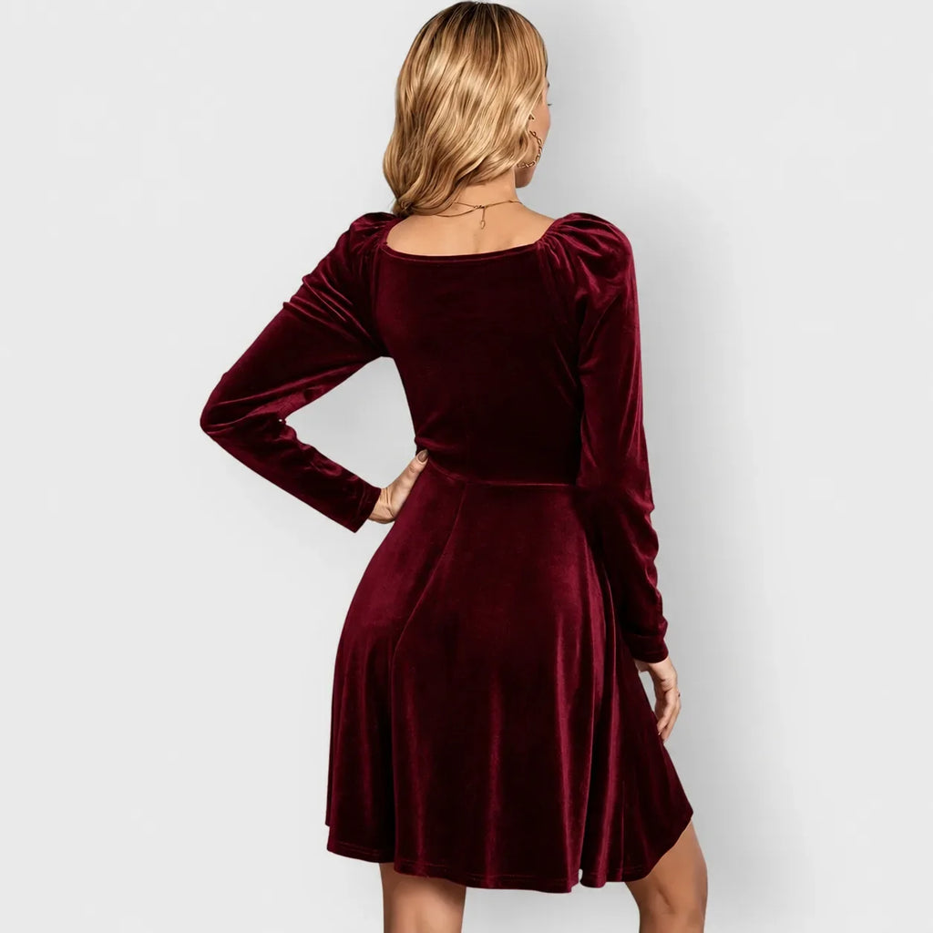 Women's velvet wrap v-neck mini dress with puff sleeves