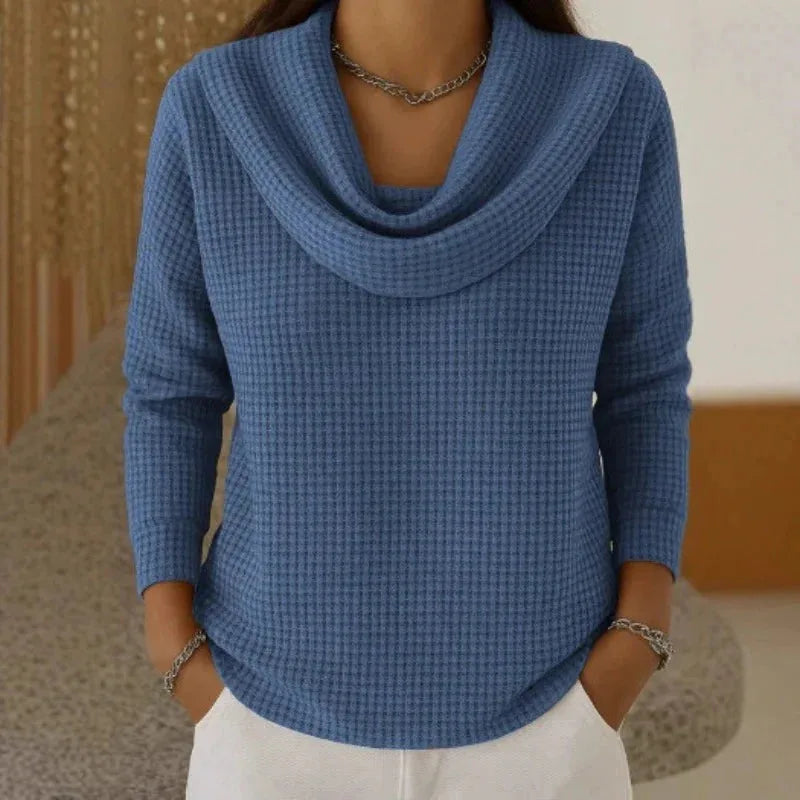 Women's warm waffle knit sweater with elegant cowl neck