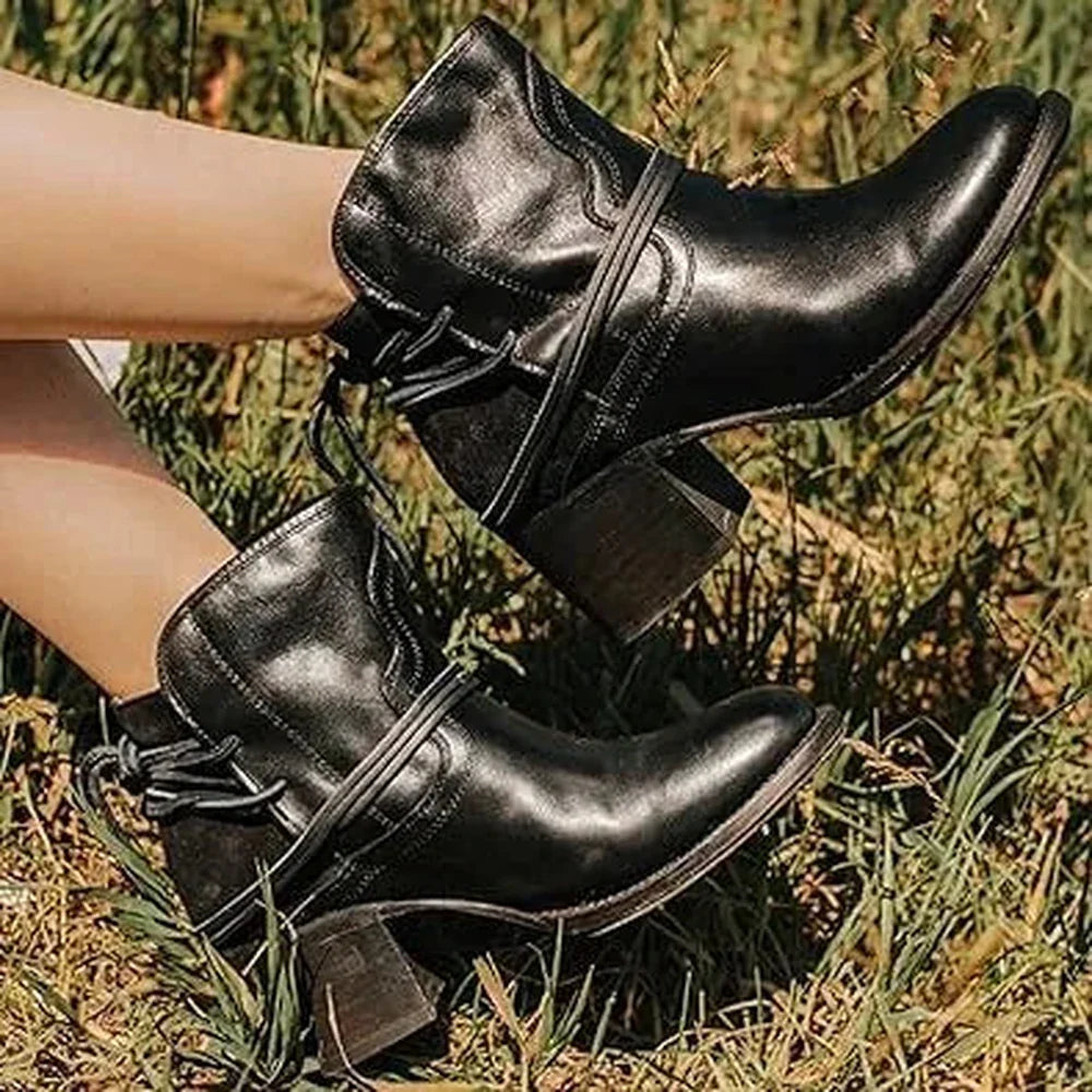 Women's Western Ankle Boots Block Heel Lace-Up Booties