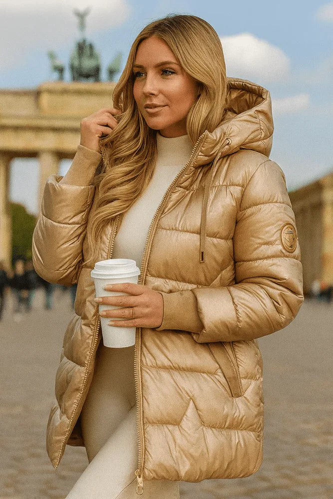 Women's zip-up hooded quilted coat with ribbed cuffs