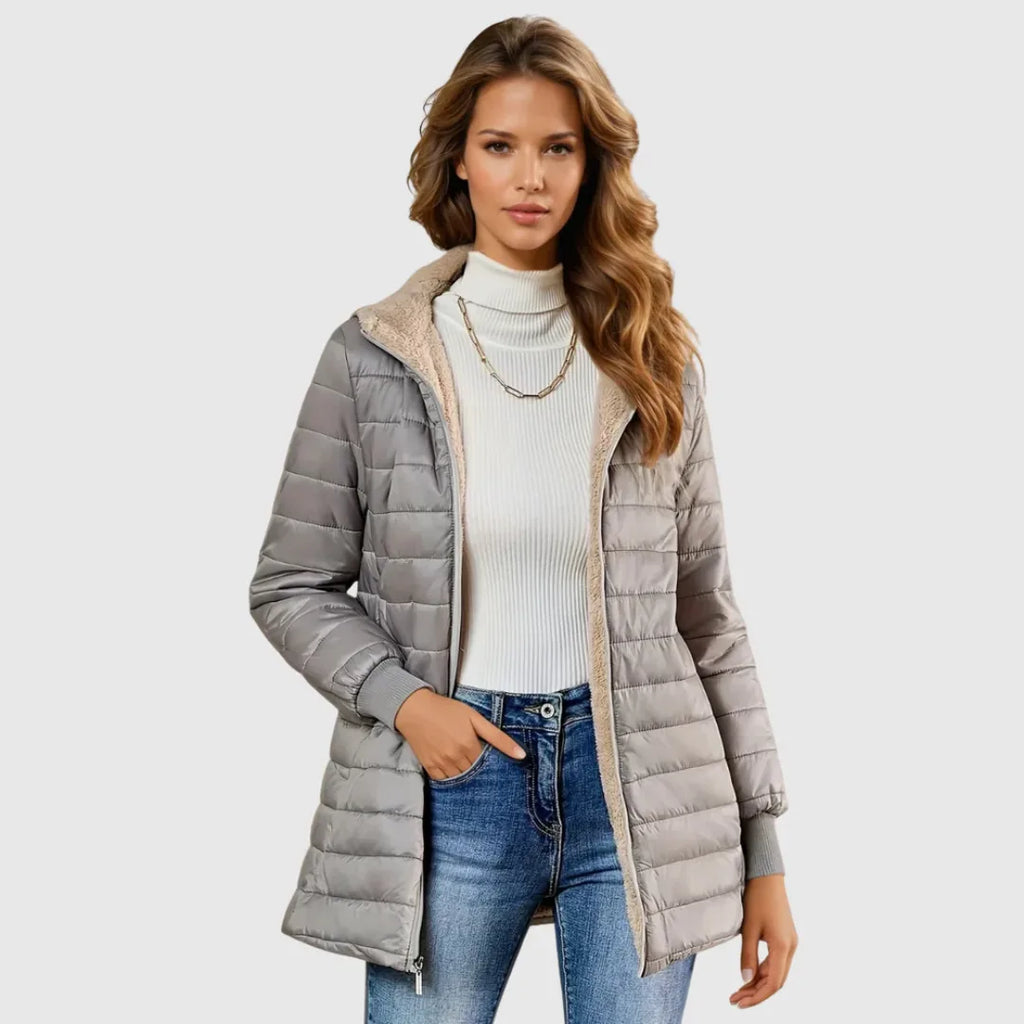 Women's zip-up hooded quilted coat with sherpa fleece lining