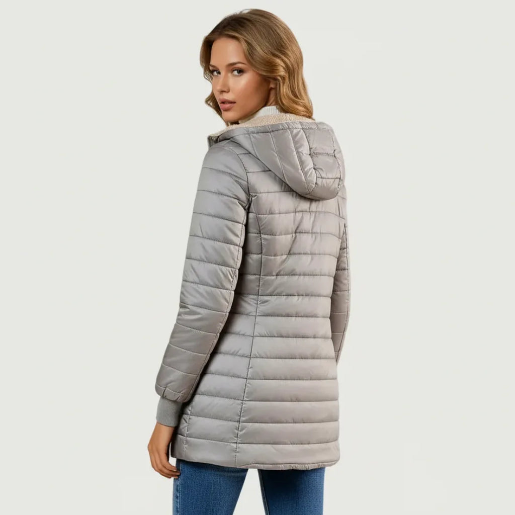 Women's zip-up hooded quilted coat with sherpa fleece lining