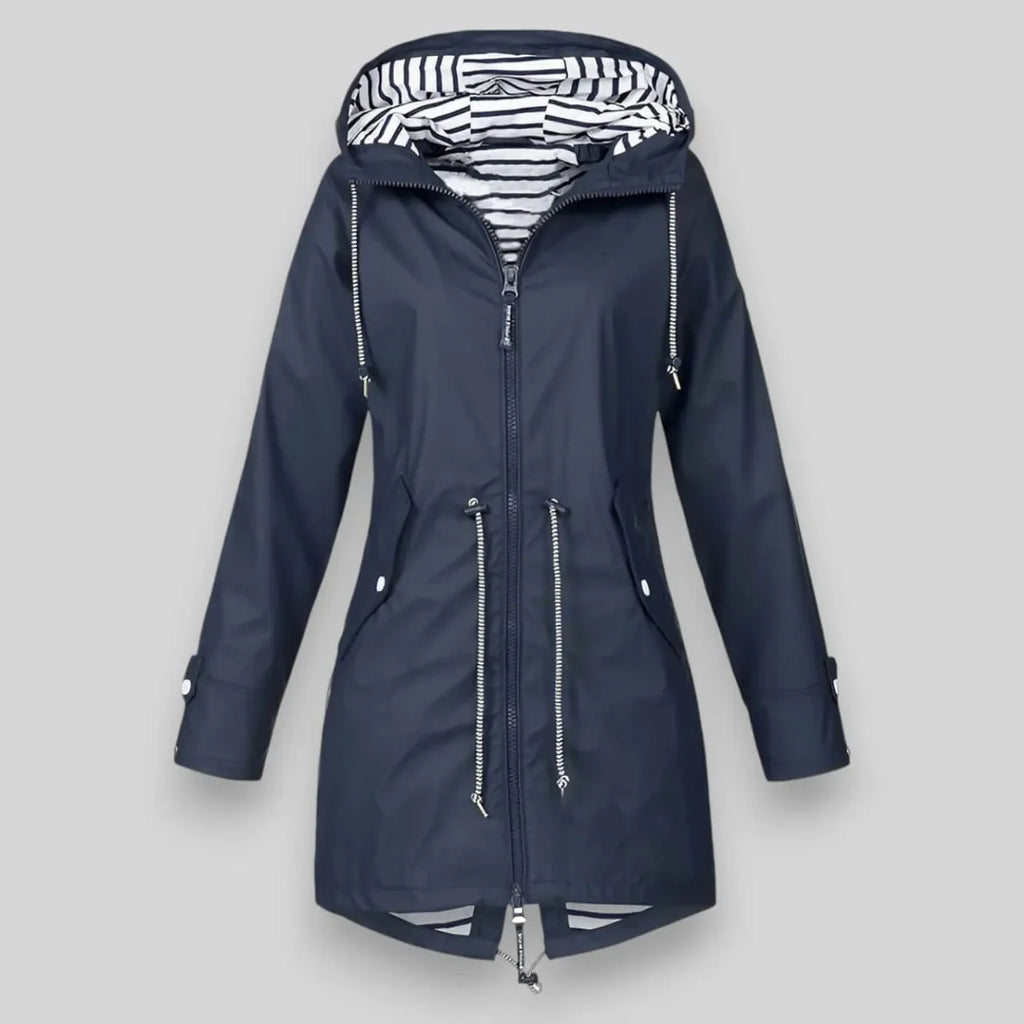 Women's zip-up hooded waterproof parka with striped lining