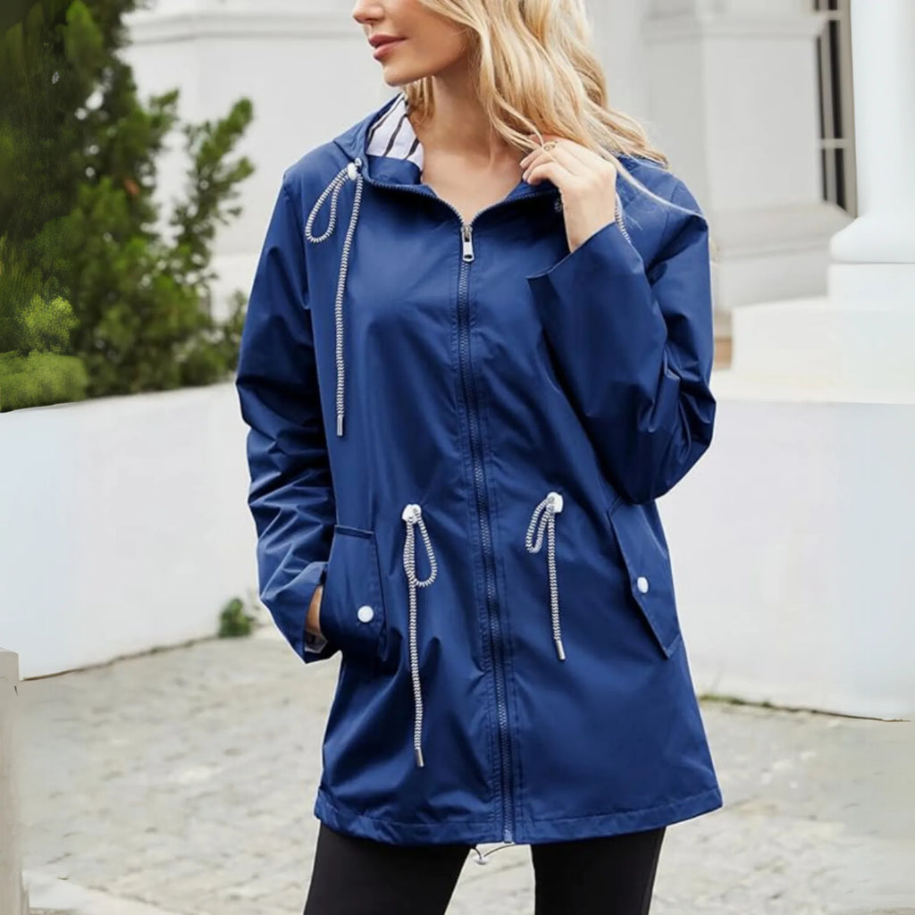 Women's zip-up hooded waterproof parka with striped lining