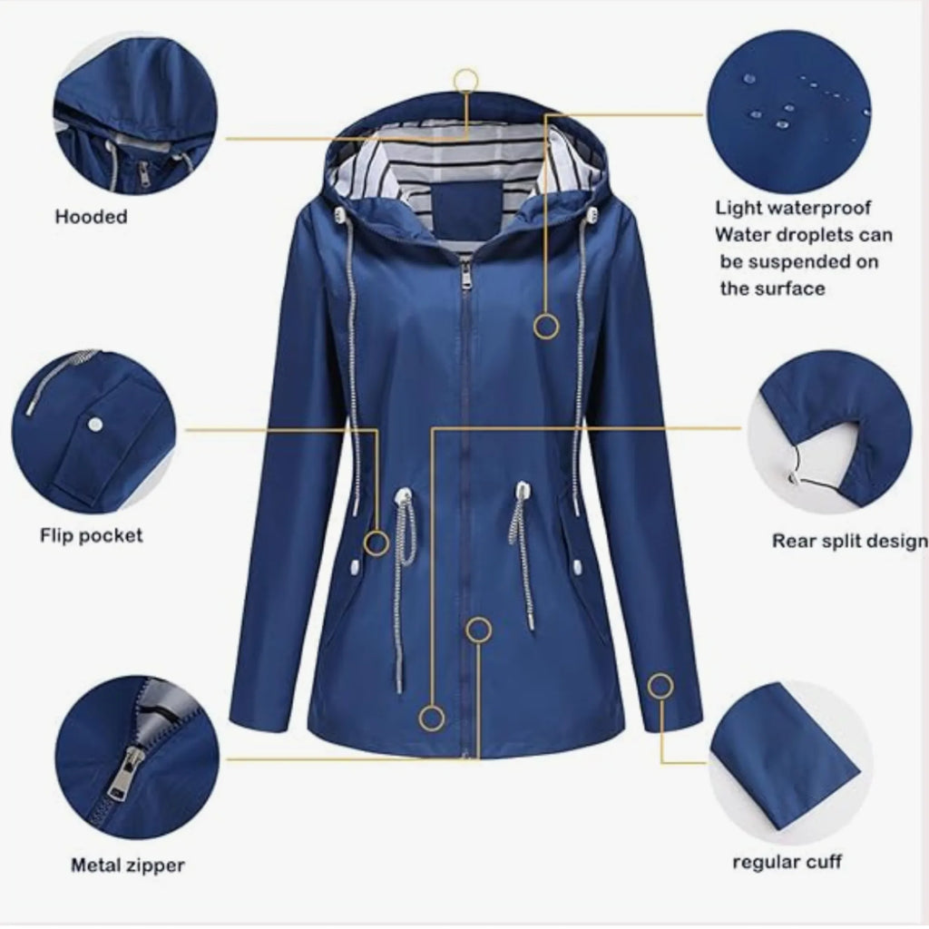 Women's zip-up hooded waterproof parka with striped lining