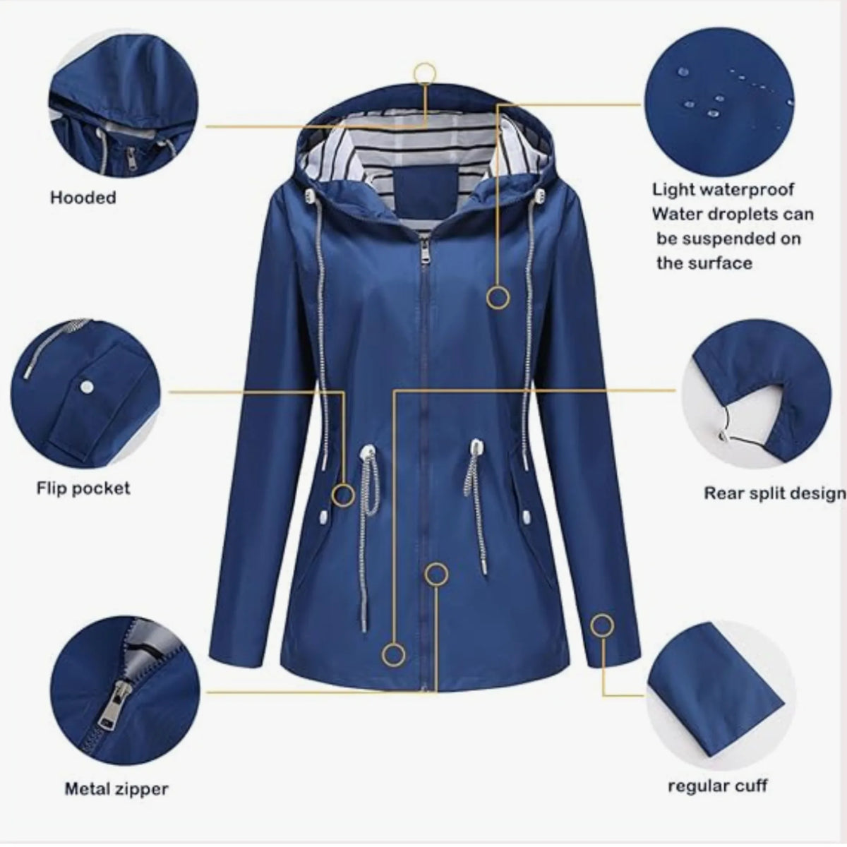 Women's zip-up hooded waterproof parka with striped lining