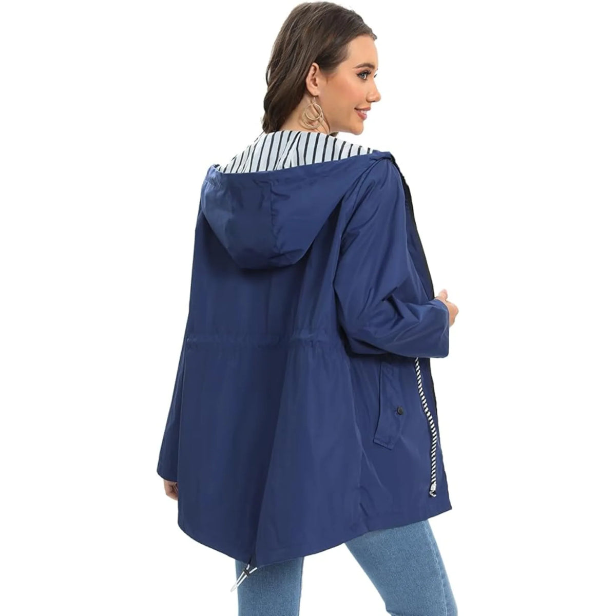 Women's zip-up hooded waterproof parka with striped lining