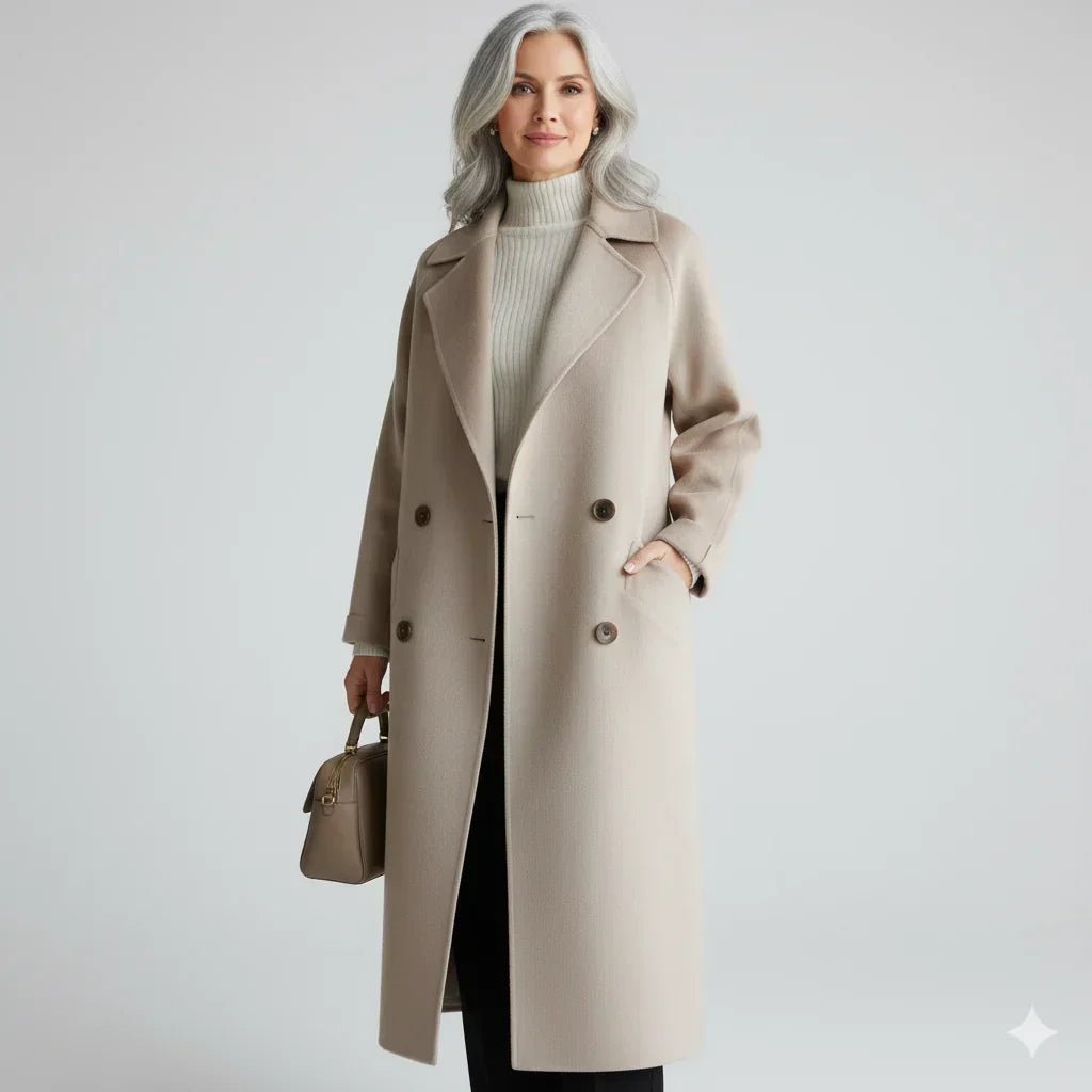 Women's Double-Breasted Notch-Lapel Long Coat Beige